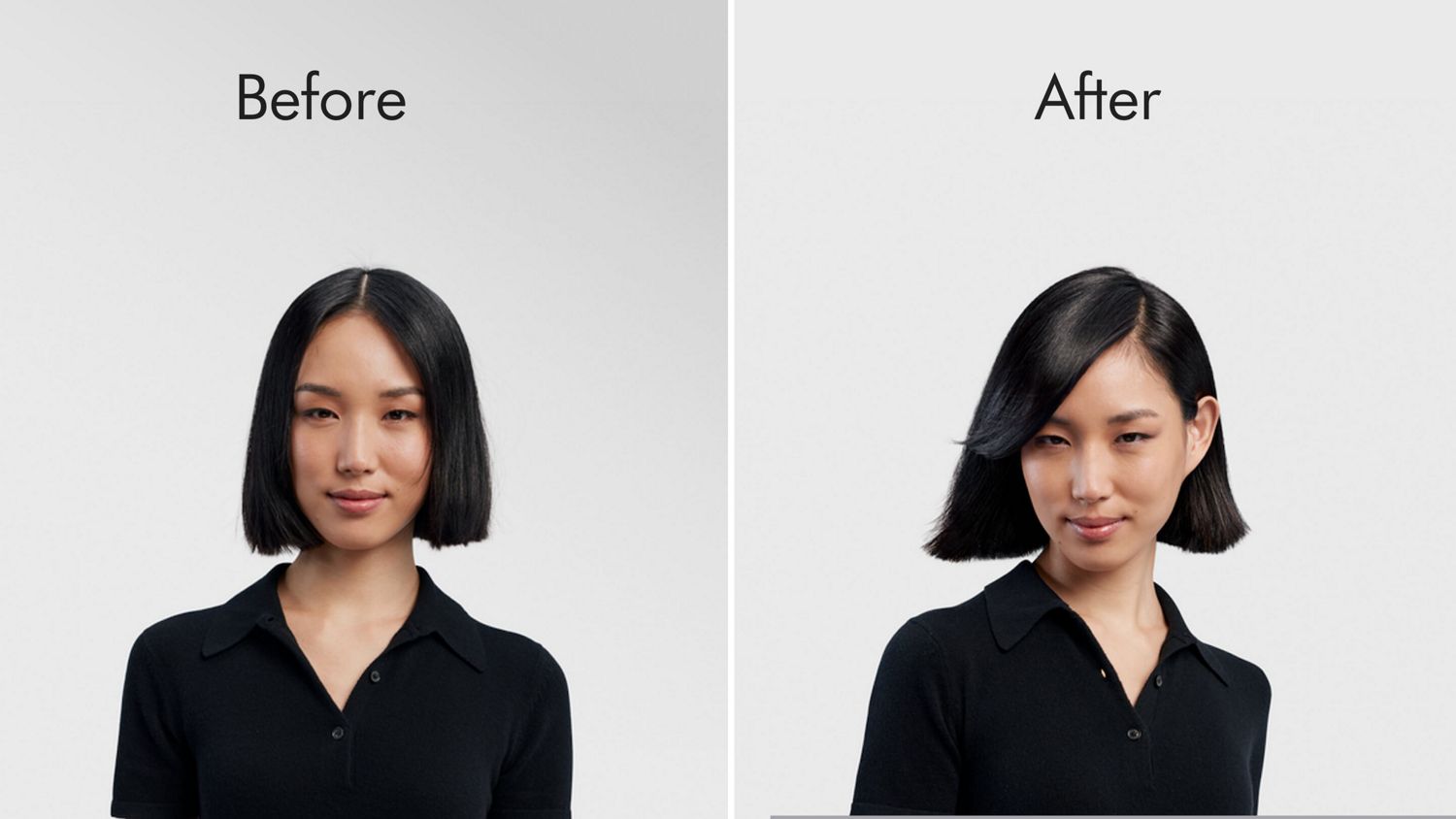 A model before and after styling hair in a short sleek bob with the Dyson Airwrap i.d. multi-styler and dryer.