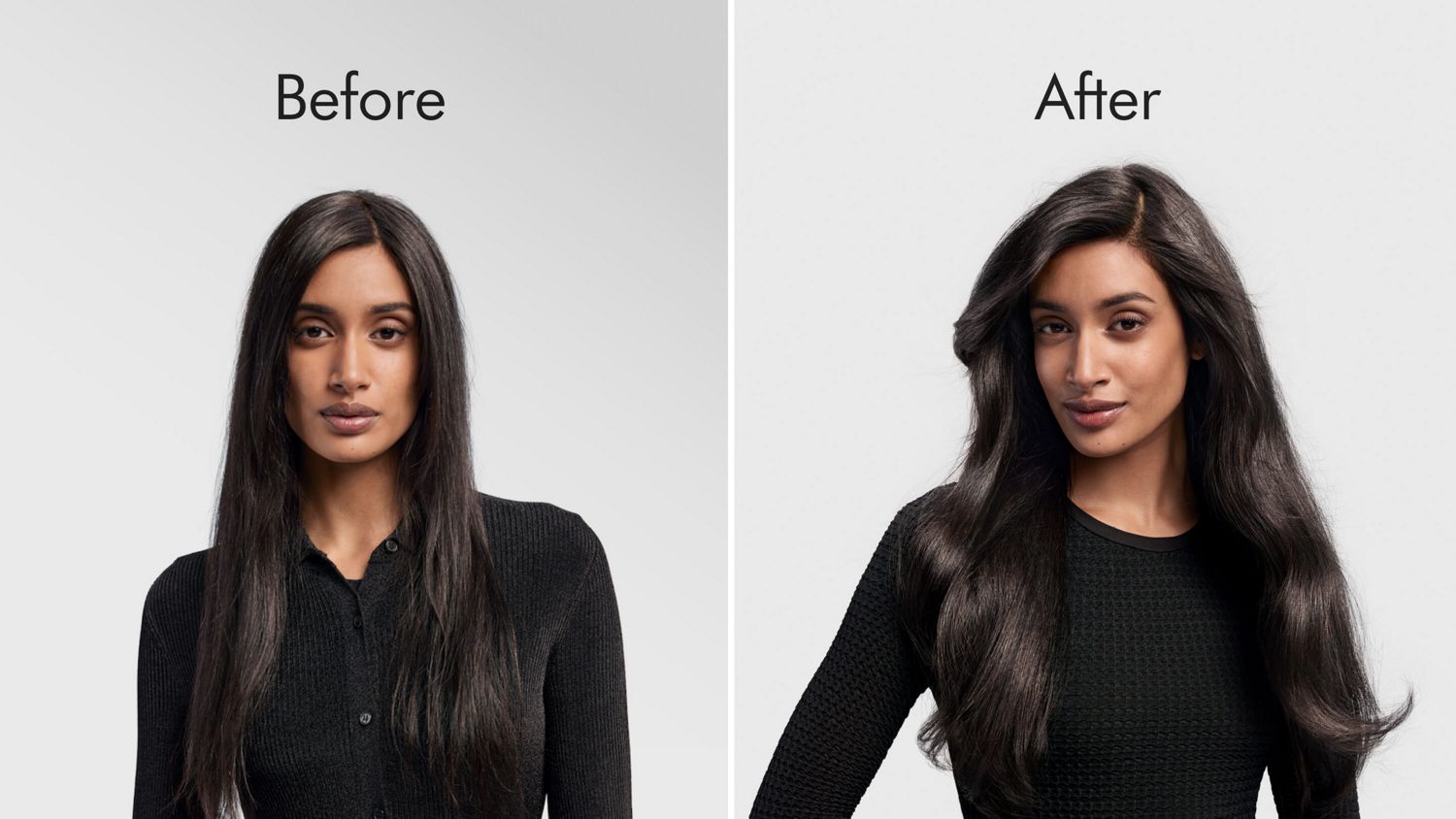 A model before and after styling hair in a '90s blowout with the Dyson Airwrap i.d. multi-styler and dryer.