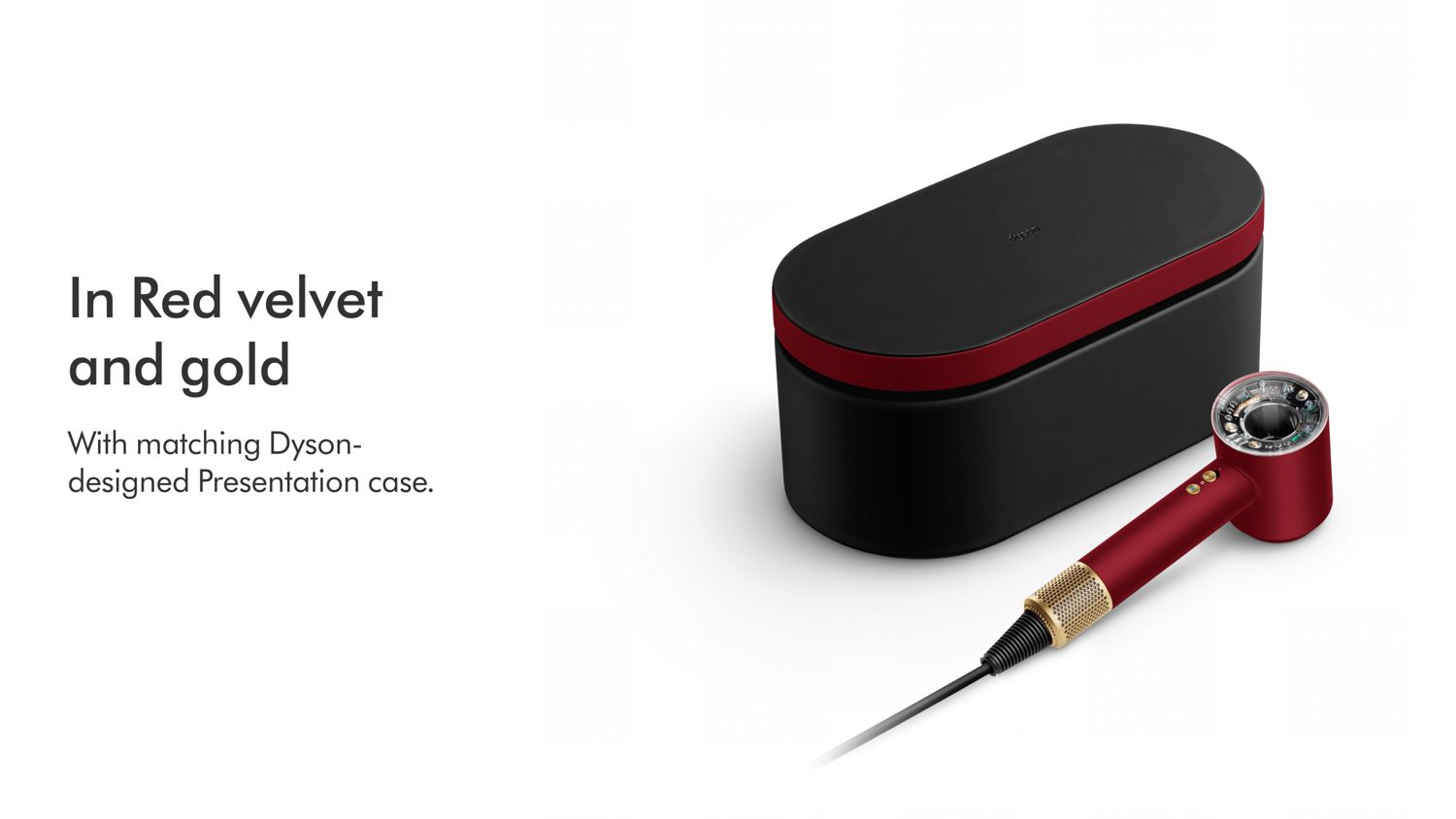The Dyson Supersonic Nural hair dryer in Red velvet and gold shown beside a matching Presentation case.