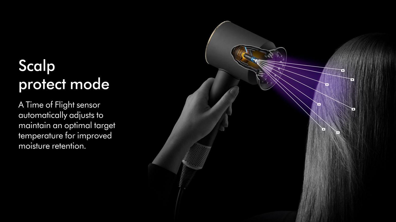 The Dyson Supersonic Nural hair dryer shown sensing the distance from a model's scalp.
