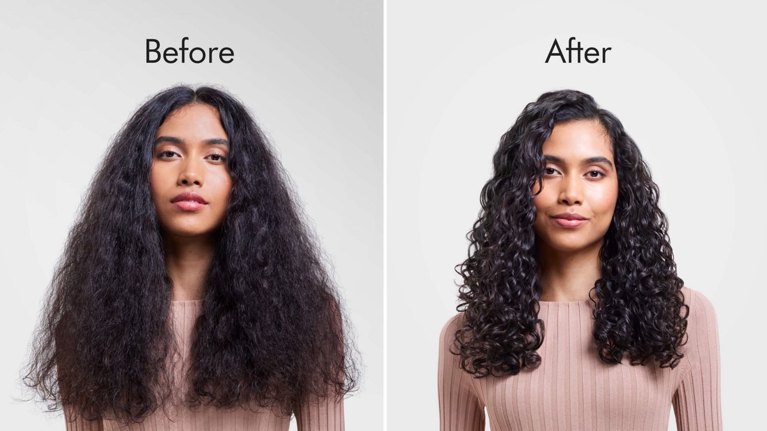 A model with curly hair shown before and after using the Dyson Supersonic Nural hair dryer to style her hair in smooth enhanced natural curls.