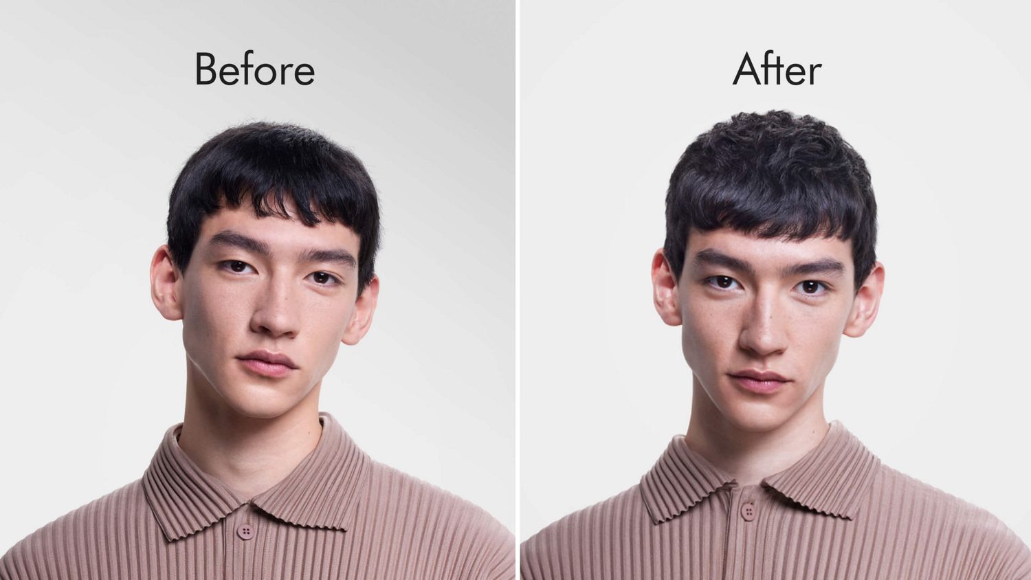 A model with short dark hair shown before and after using the Dyson Supersonic Nural hair dryer to style his hair in a textured crop.