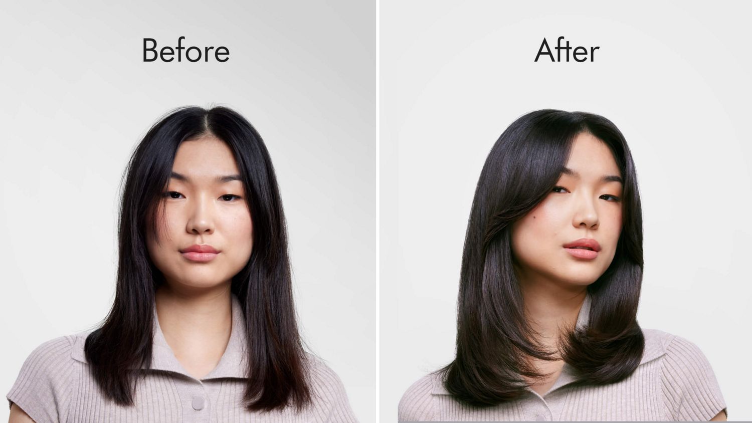 A model with smooth and straight dark hair shown before and after using the Dyson Supersonic Nural hair dryer to style her hair in a short sleek bob.