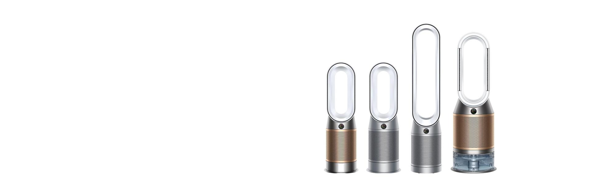 Sıra halinde dizilmiş, farklı Dyson hava temizleyiciler