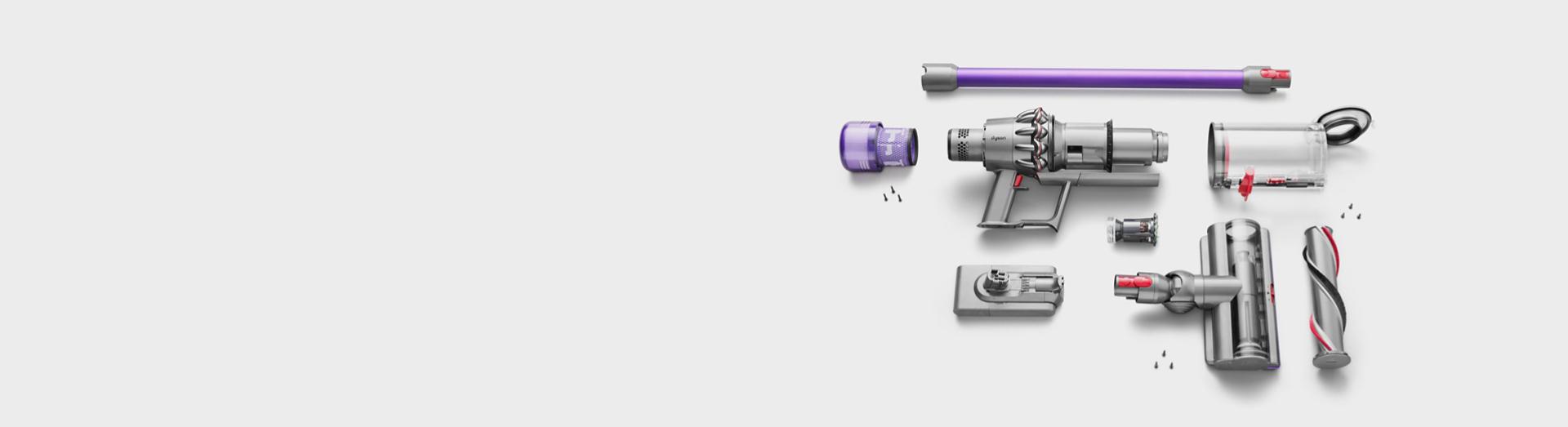 Tamamen sökülmüş bir Dyson elektrikli süpürge motoru ve başlığı