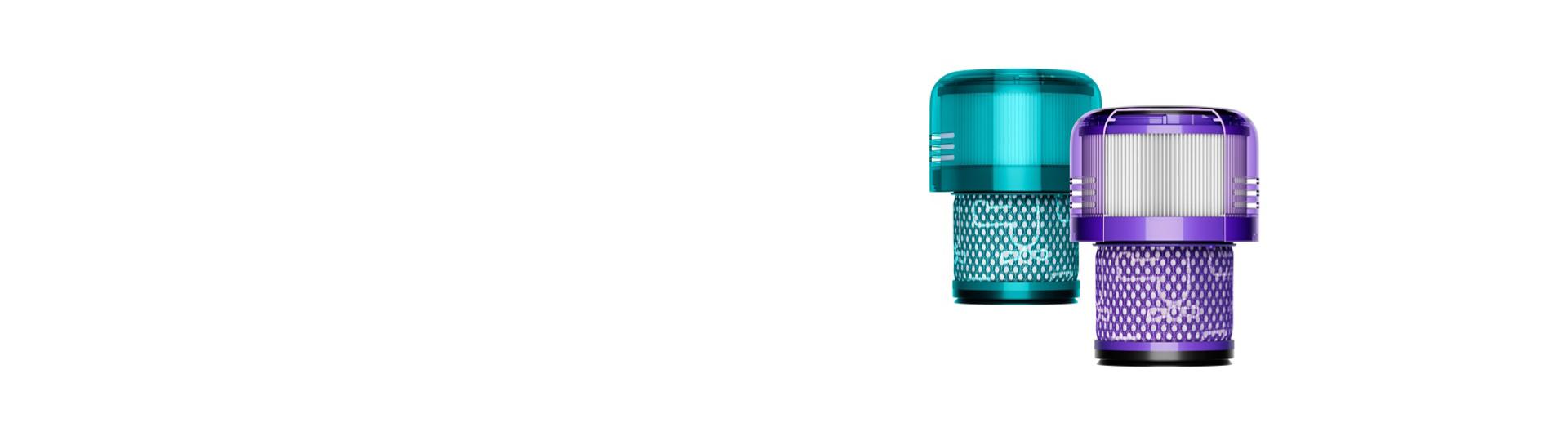 Two Dyson filters, one green and one purple. Both standing upright.