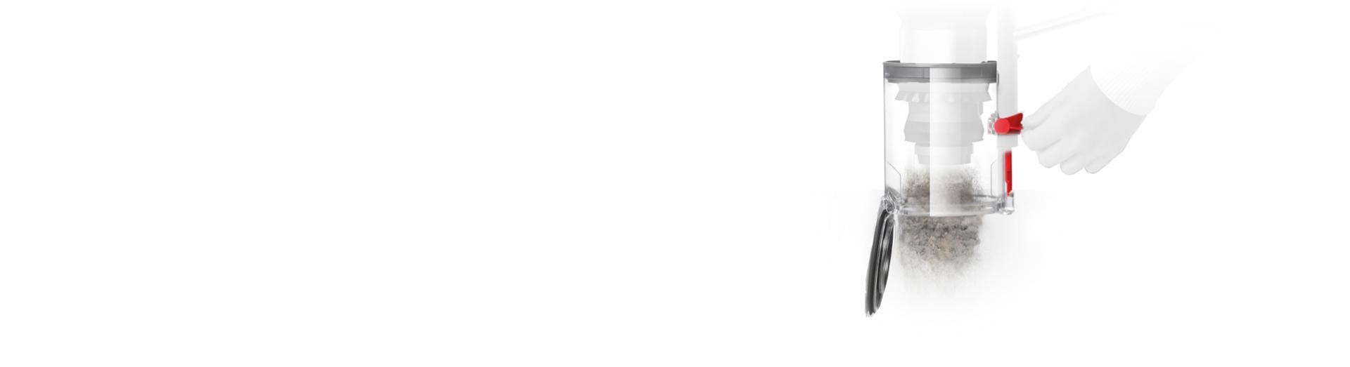 A side view illustration of a Dyson vacuum being emptied