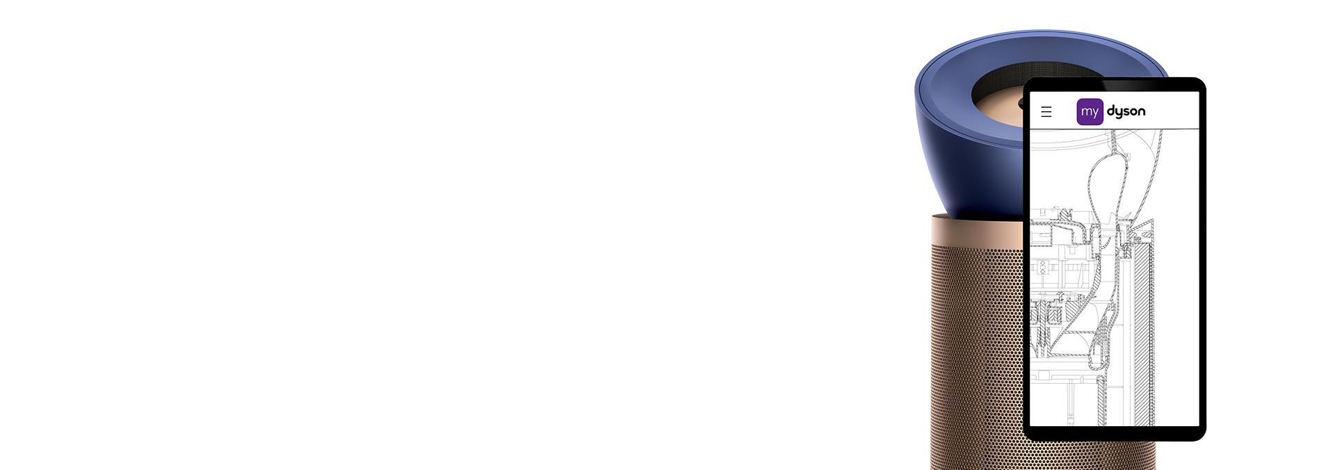 Ekran smartfona i stojący za nim oczyszczacz Dyson Purifier Big+Quiet Formaldehyde