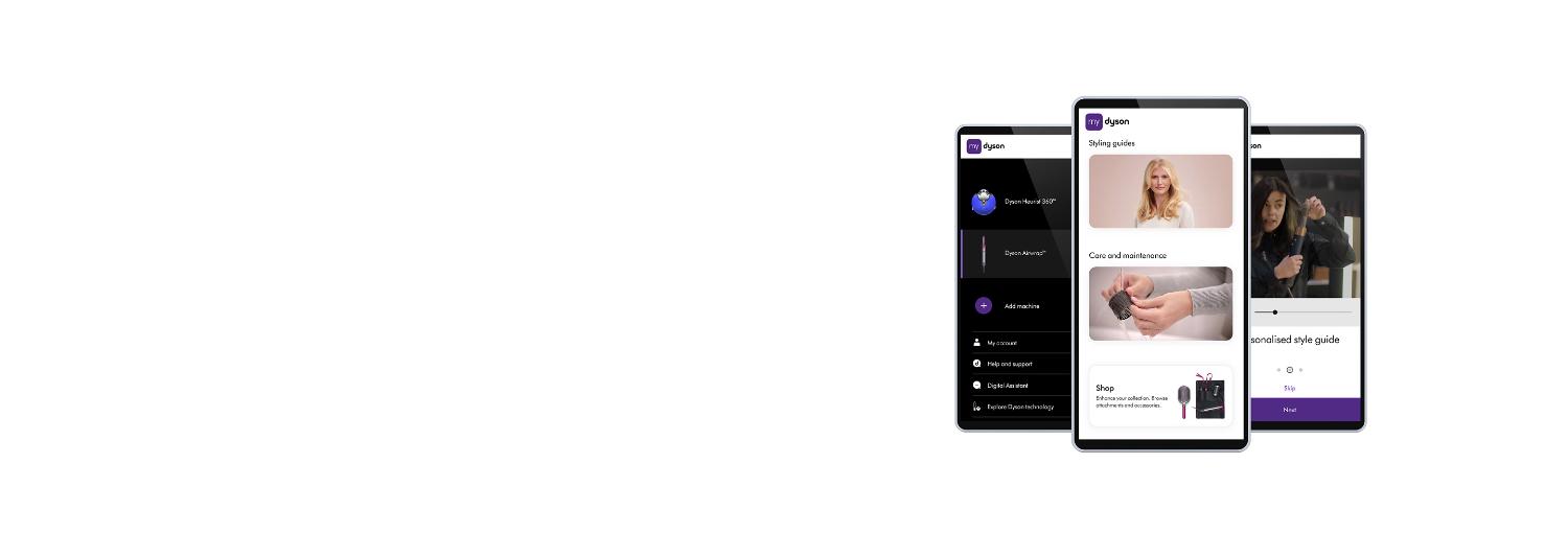 3 ecrans de telephone montrant l'application MyDyson