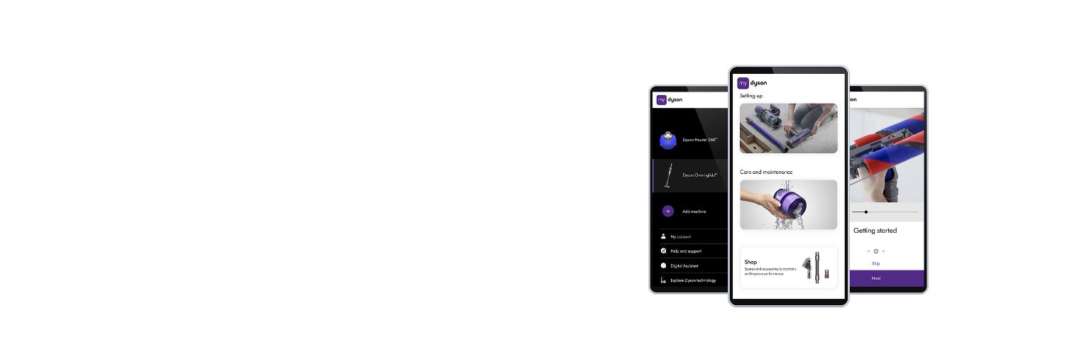 Drei Smartphonebildschirme zeigen die MyDyson App.