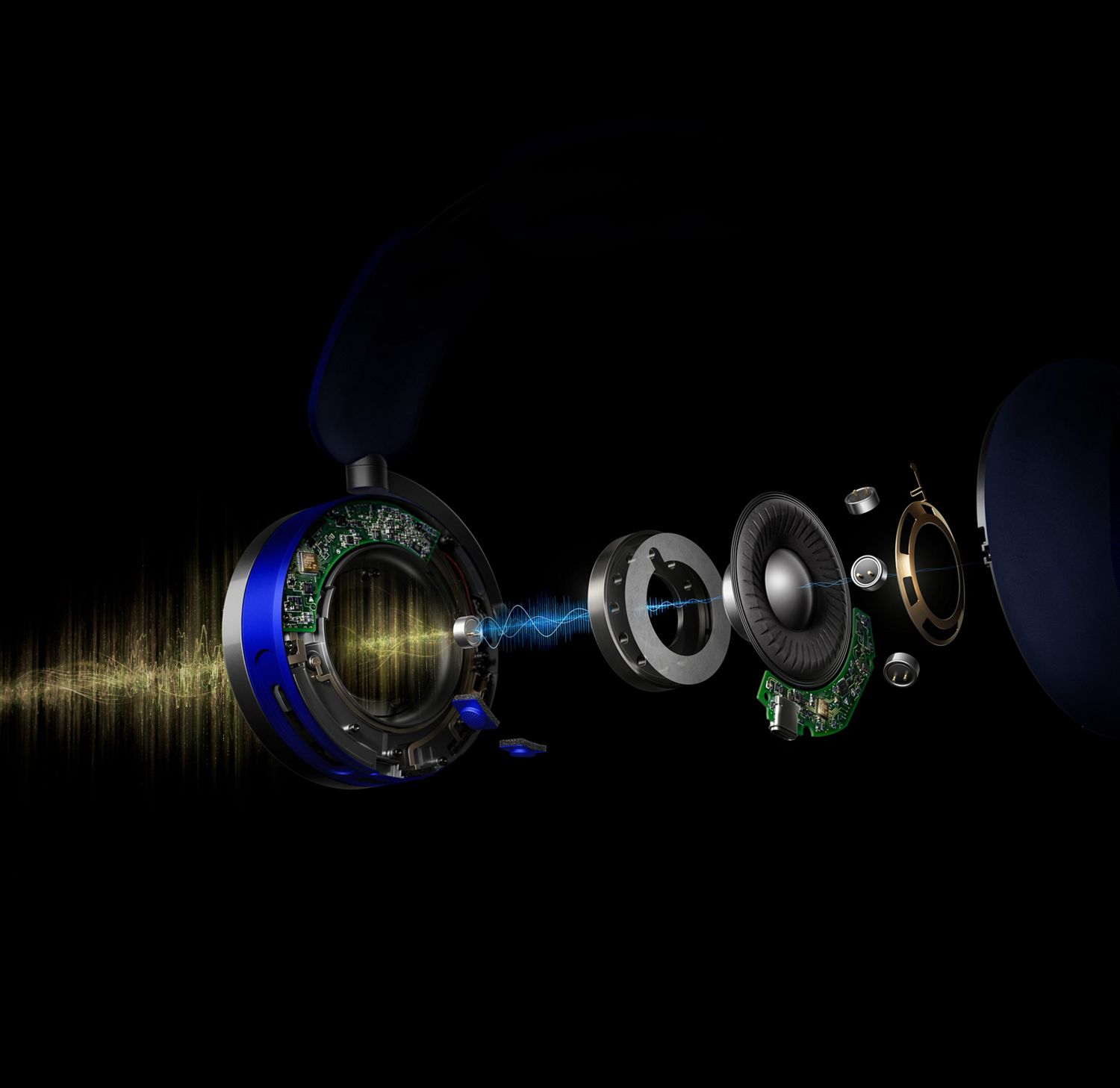 Exploded view shows a representation of different frequency ranges inside the headphones.