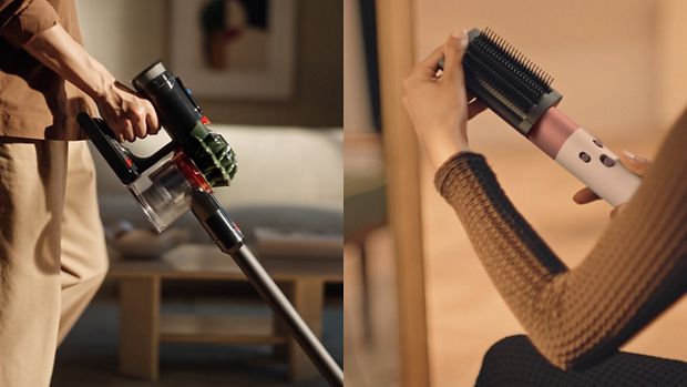 A Dyson cordless vacuum is used to clean around a home while an attachment is added to a Dyson Airwrap styler.