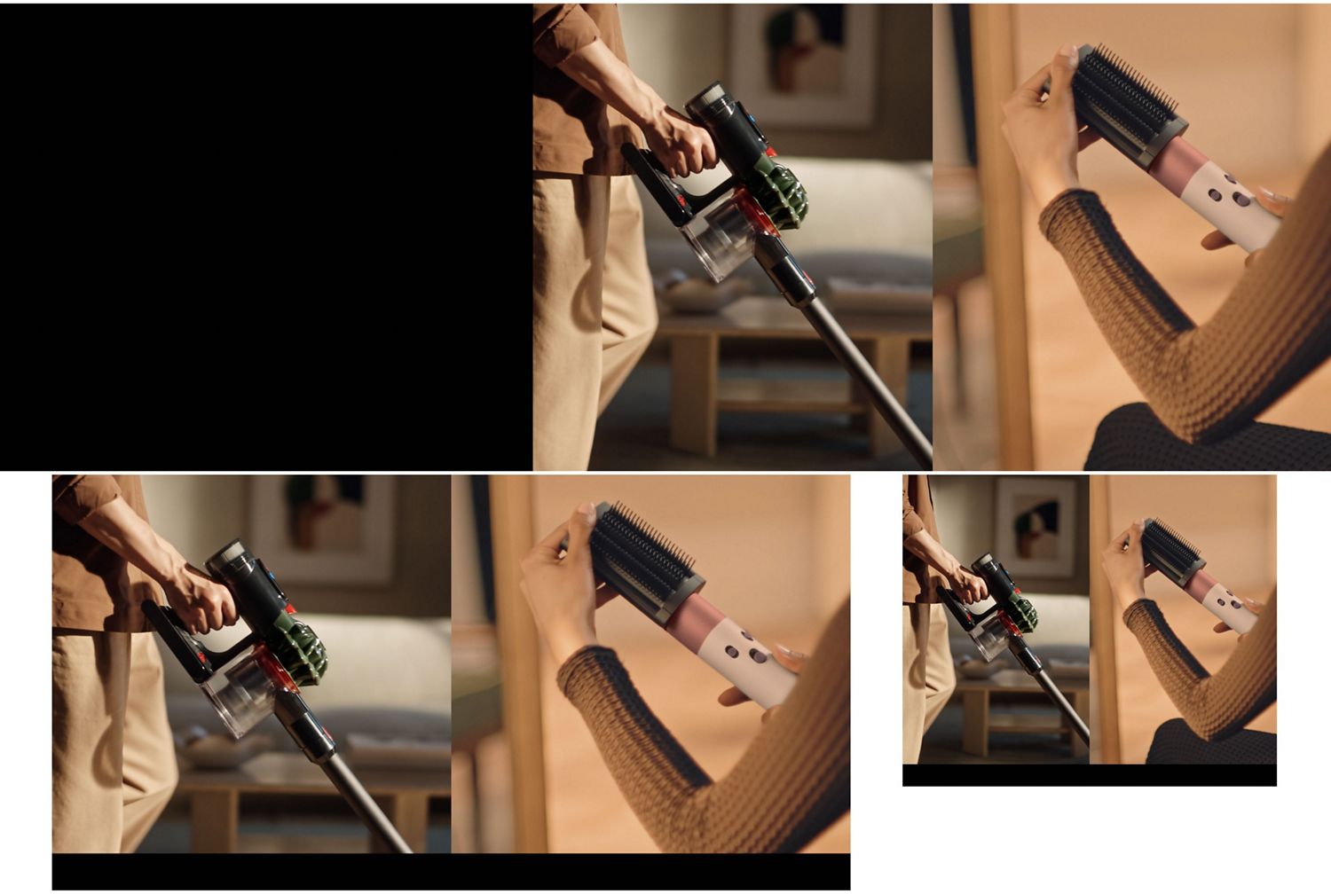 A Dyson cordless vacuum is used to clean around a home while an attachment is added to a Dyson Airwrap styler.