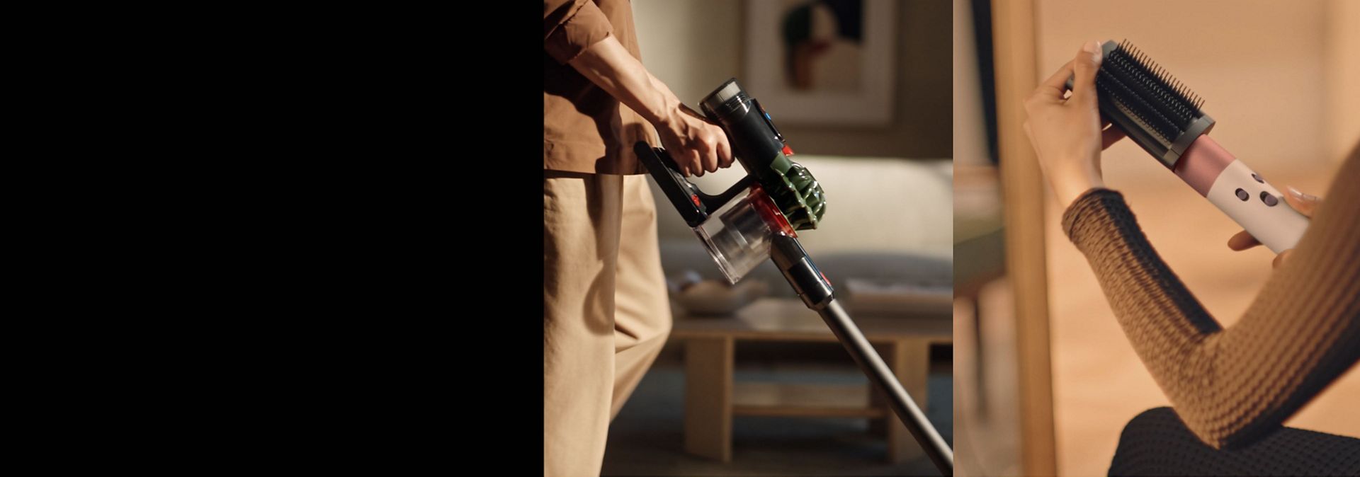 A Dyson cordless vacuum is used to clean around a home while an attachment is added to a Dyson Airwrap styler.