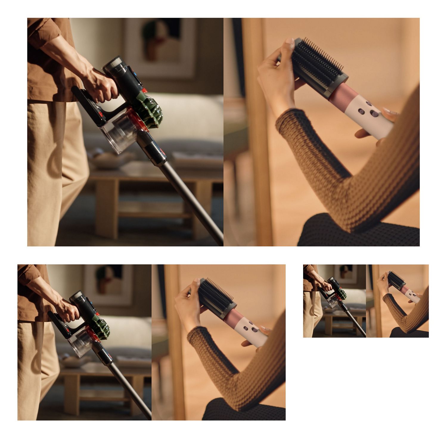 A Dyson cordless vacuum is used to clean around a home while an attachment is added to a Dyson Airwrap styler.