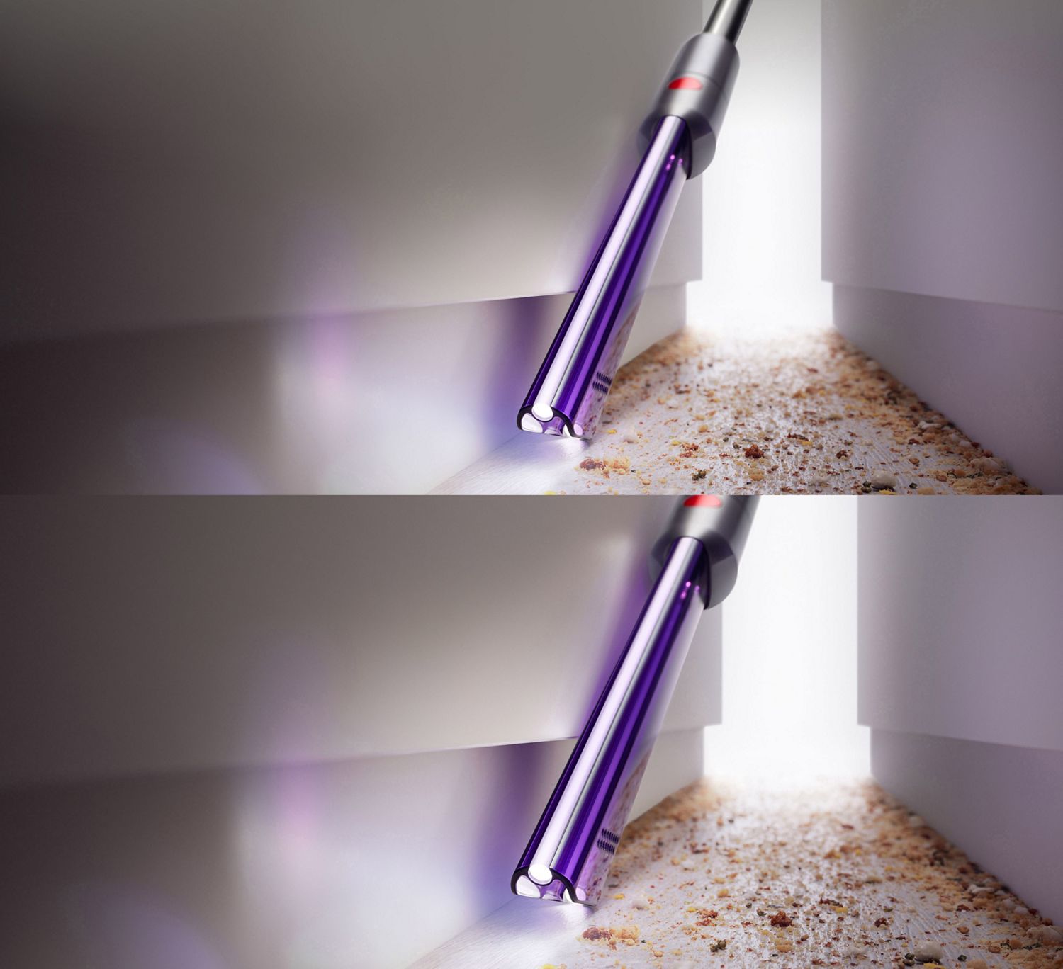 The Light pipe crevice tool cleaning debris in between kitchen cupboards.