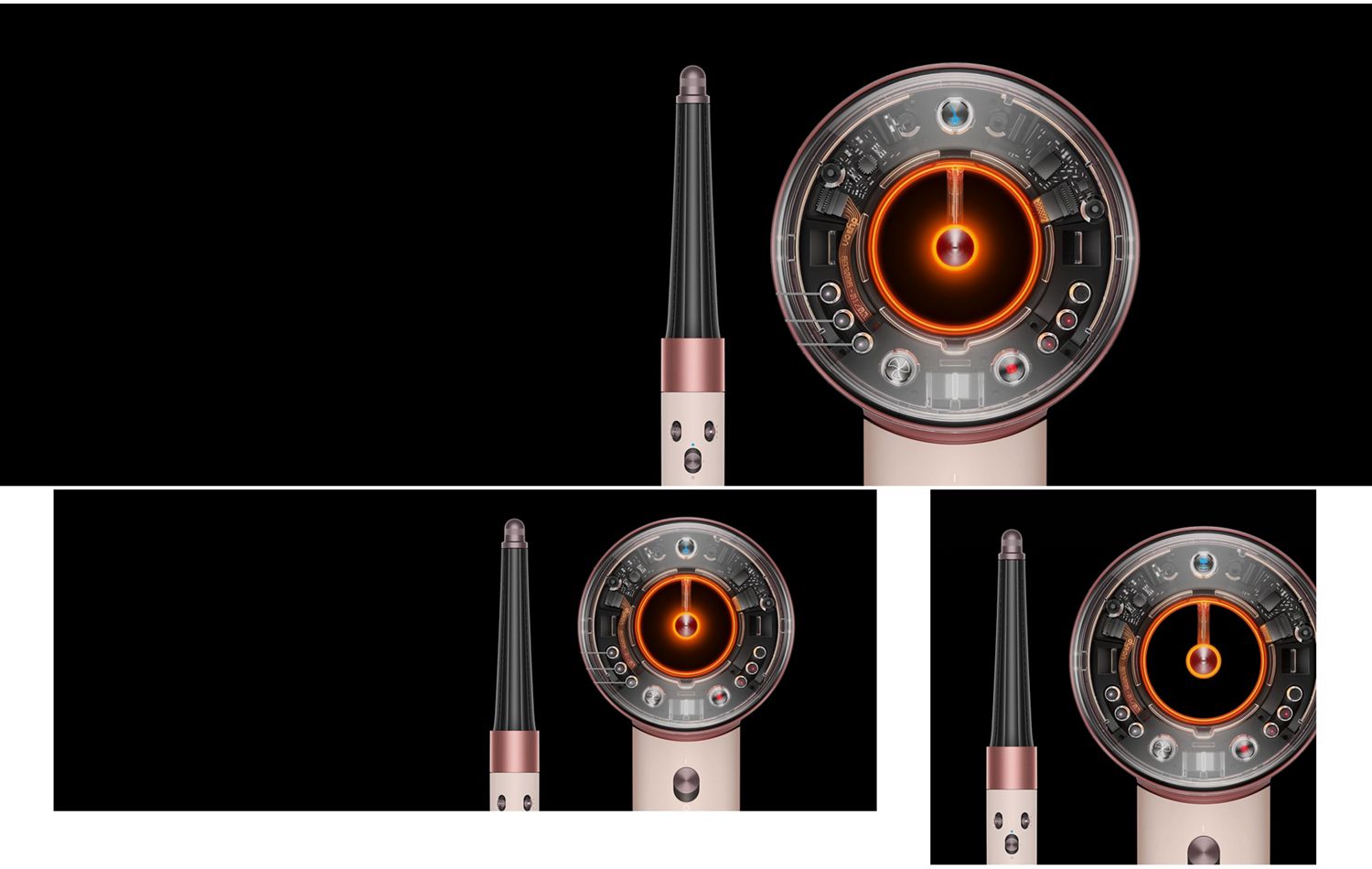 Tiled shot showcasing Dyson technology via shadowed effect.