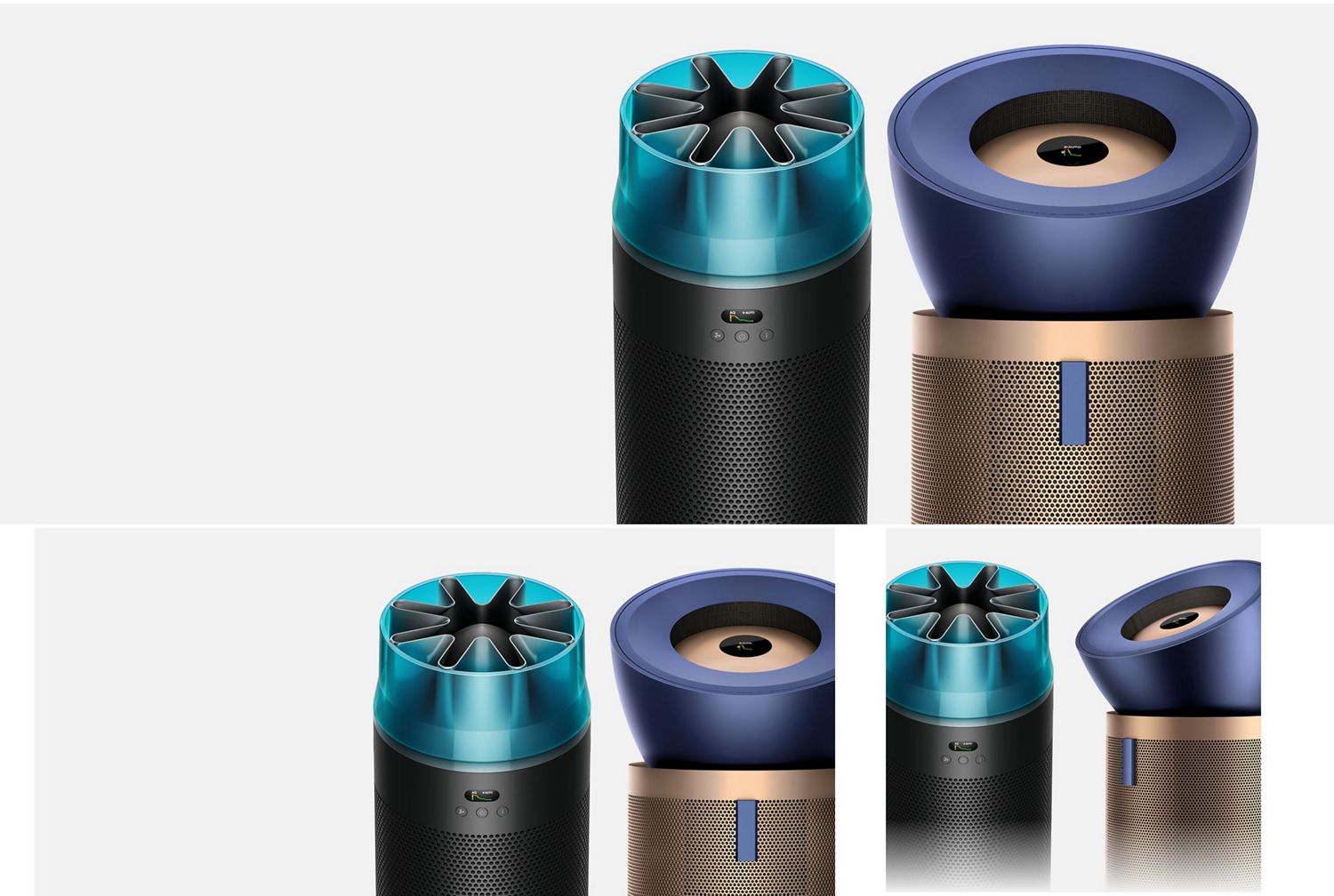 A lineup of sleek Dyson appliances, including vacuums, hair tools, and an air purifier, arranged in a dark room.