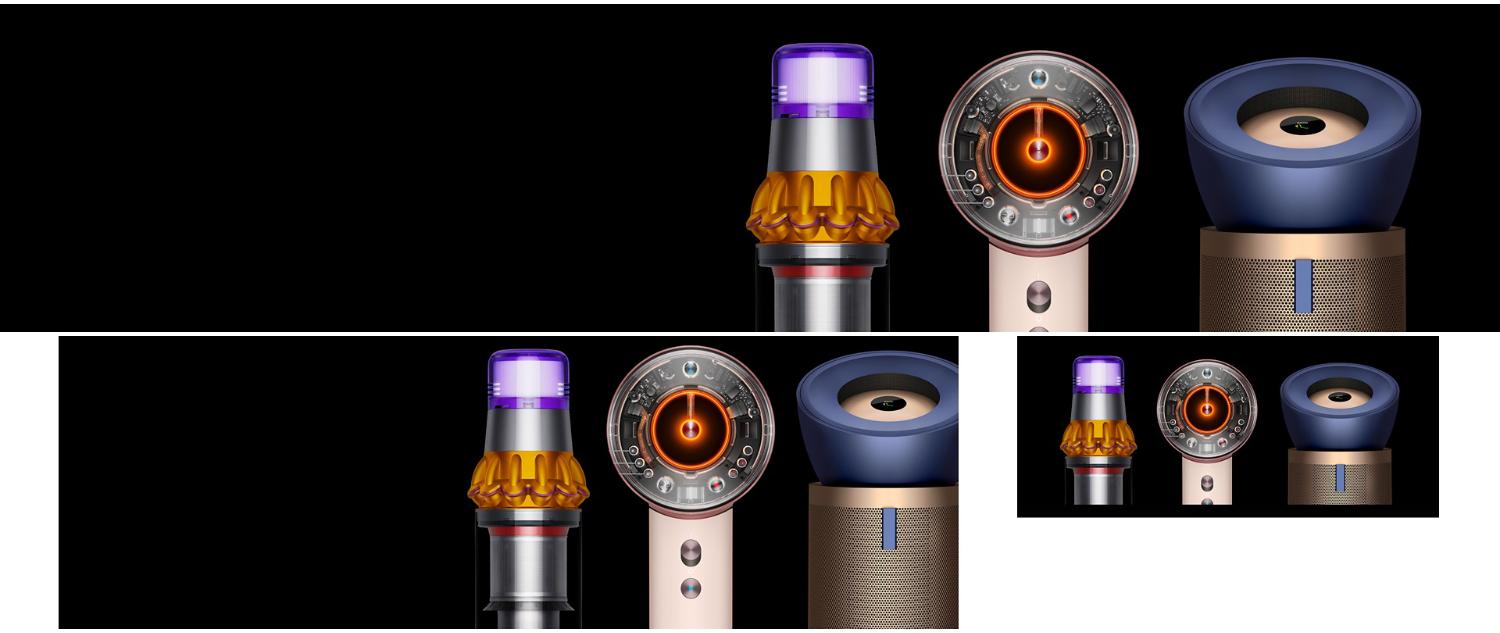A lineup of sleek Dyson appliances, including vacuums, hair tools, and an air purifier, arranged in a dark room.