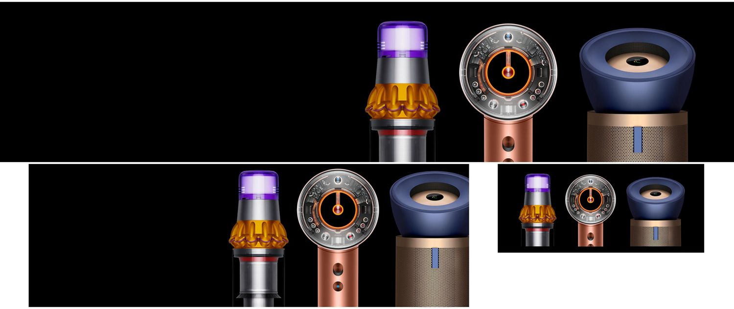 A lineup of sleek Dyson appliances, including vacuums, hair tools, and an air purifier, arranged in a dark room.