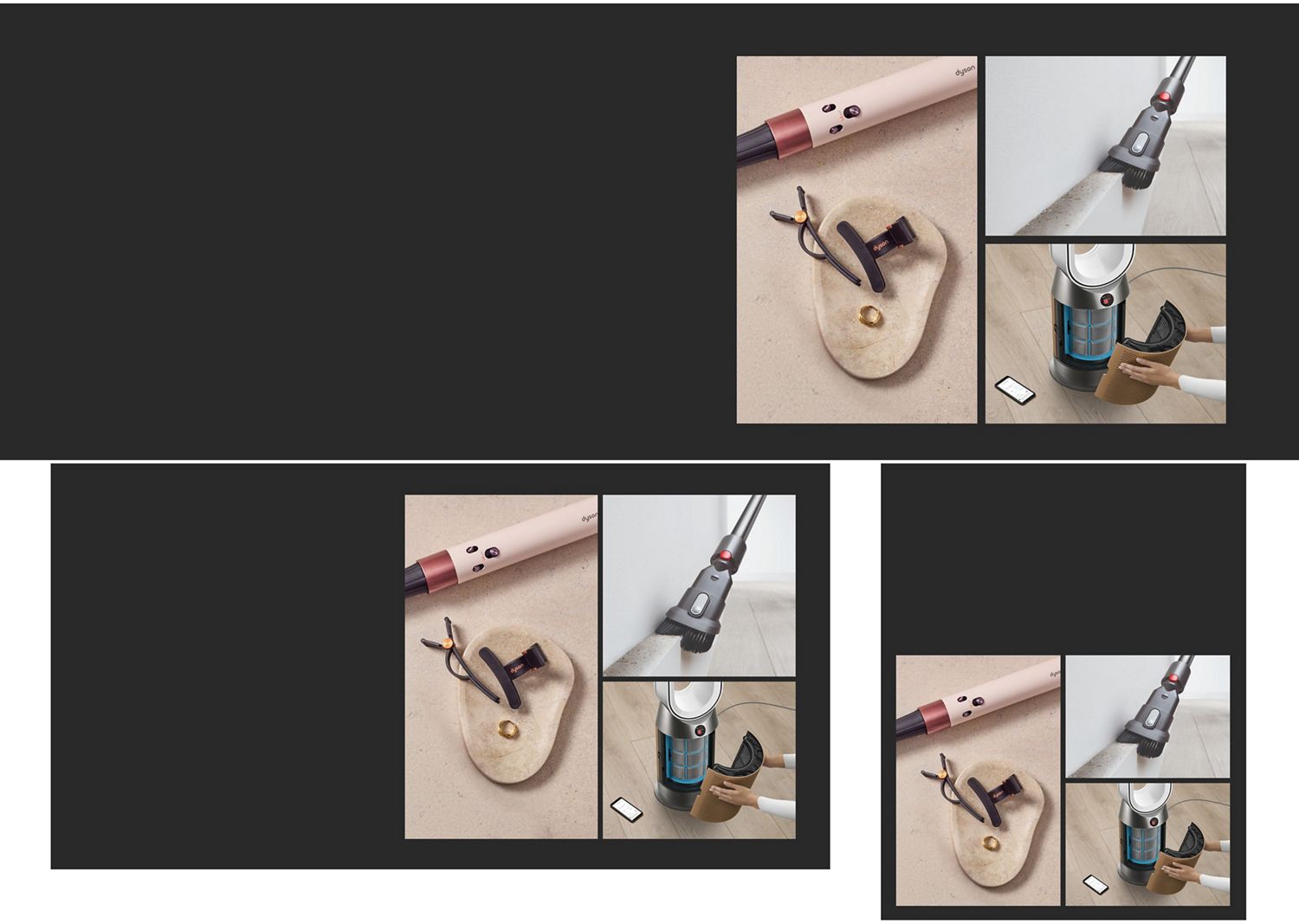 A lineup of sleek Dyson appliances, including vacuums, hair tools, and an air purifier, arranged in a dark room.