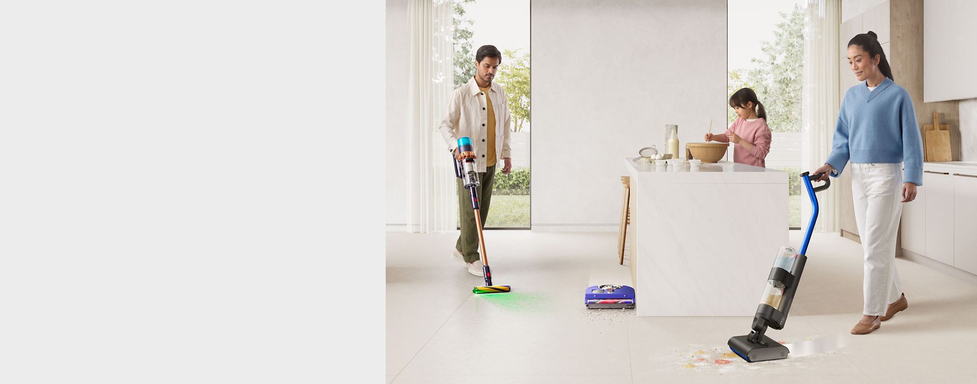 A child is cooking, while parents use Dyson wet cleaner and a cordless vacuum, and a robot cleans the edges