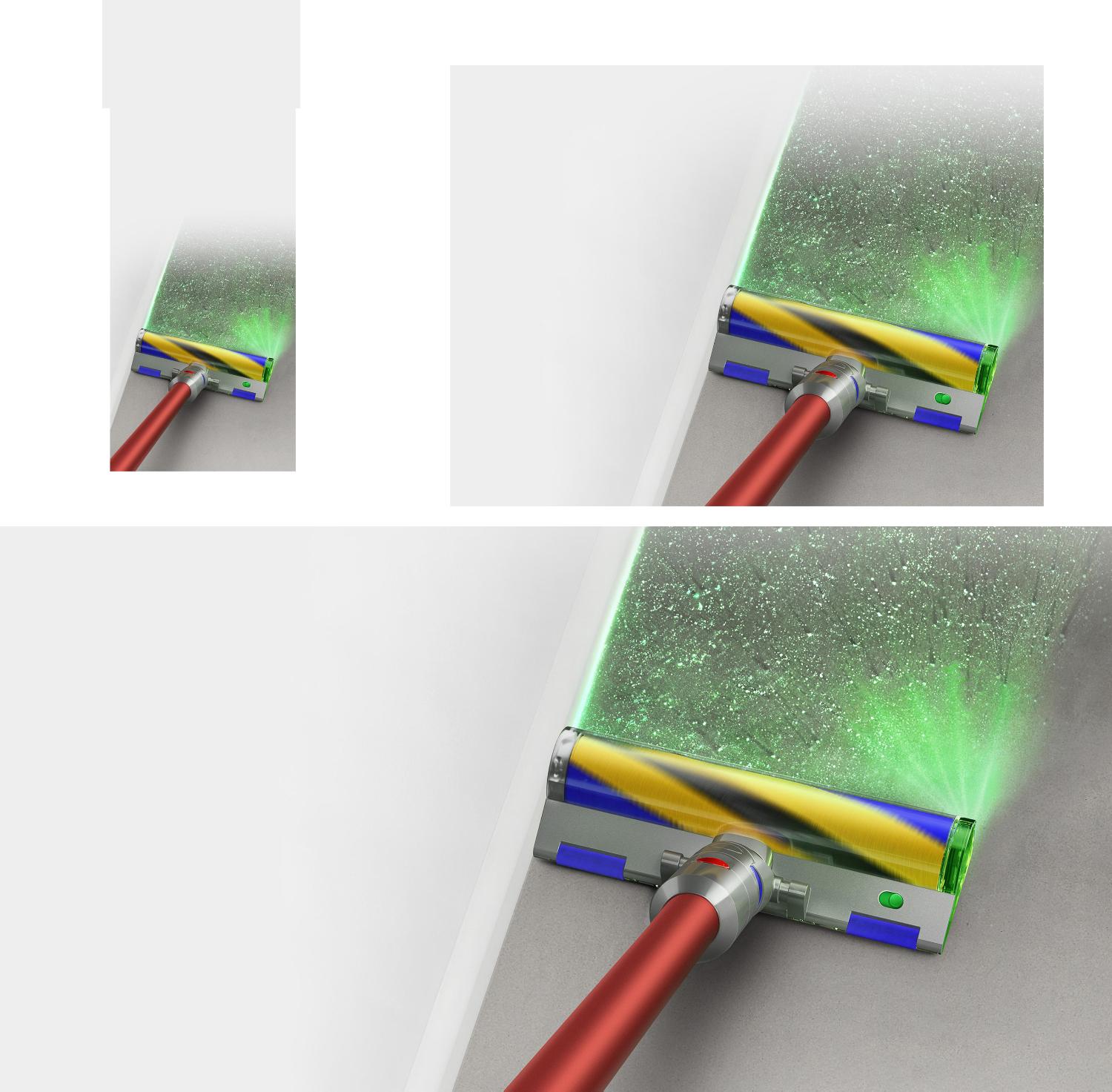 Laser Slim Fluffy cleaner head revealing dust along a wall