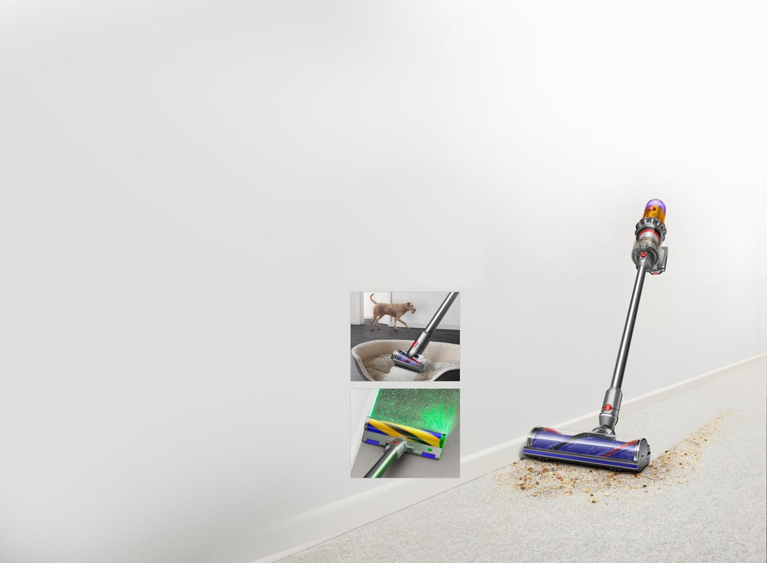 Dyson V12 Slim stofzuiger die hondenhaar en vuil van een tapijt verwijdert