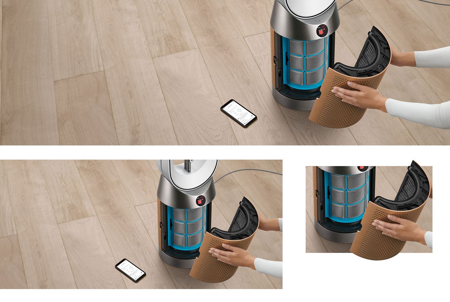 The filter on a Dyson purifier being removed, a phone on the floor displaying filter life.