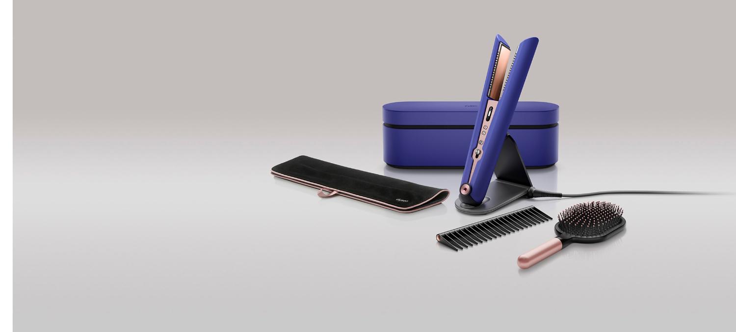 Dyson Corrale hair straightener in Vinca blue and Rosé with travel pouch, presentation case, detangling comb and paddle brush.