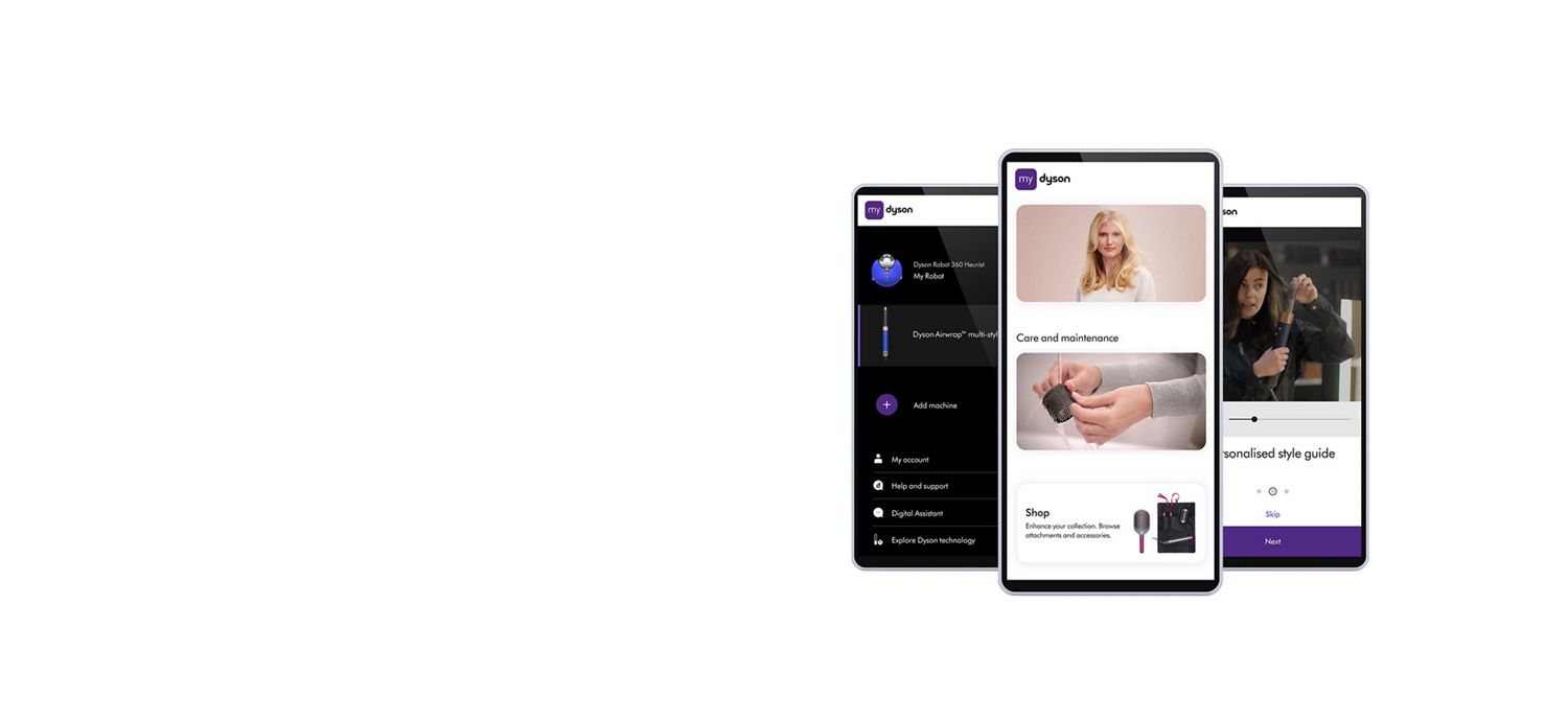 Tres teléfonos que muestran la aplicación MyDyson.