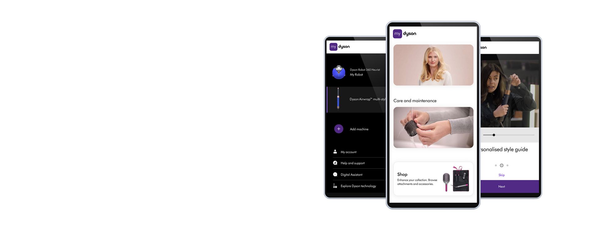 Tres teléfonos que muestran la aplicación MyDyson.