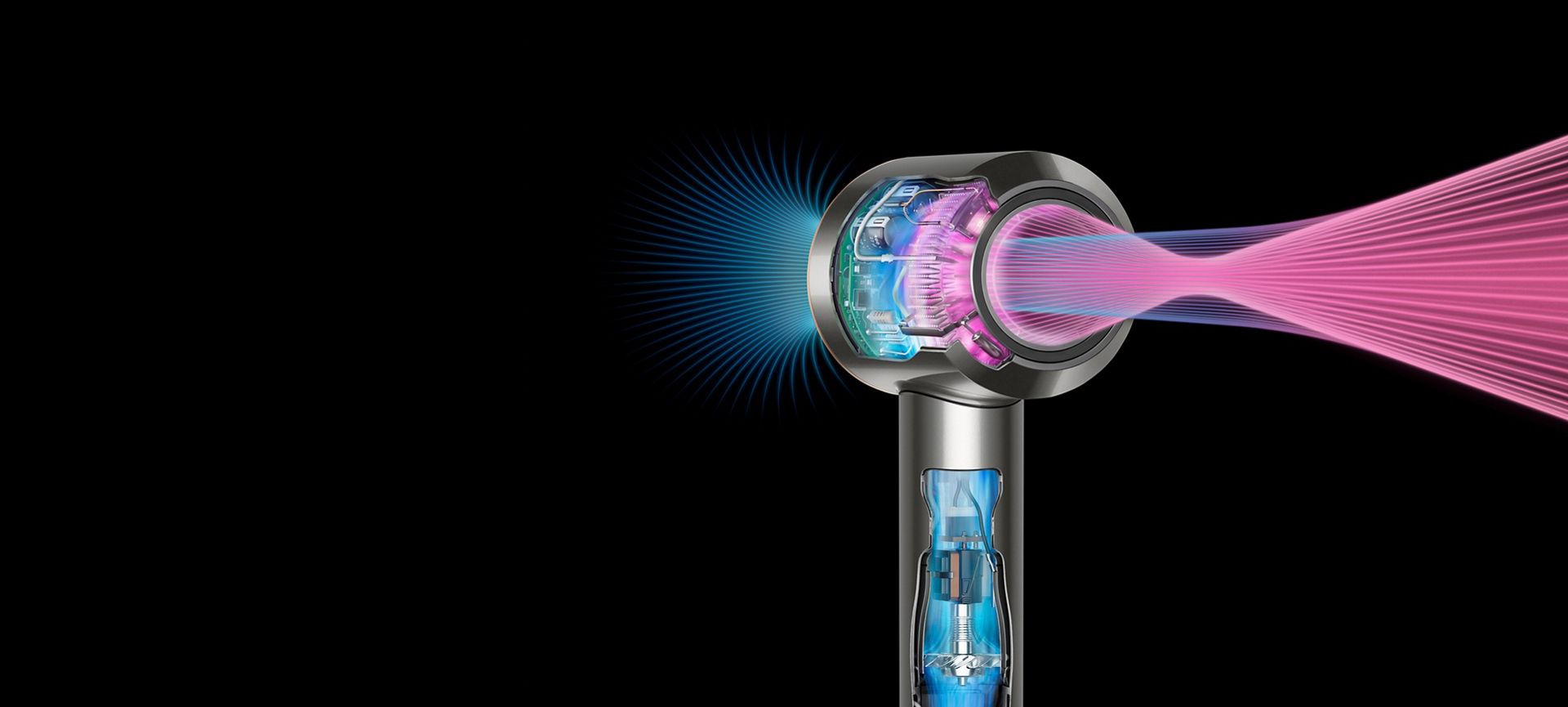 Schnittdarstellung des Dyson Supersonic Haartrockners, die den kraftvollen Luftstrom zeigt.