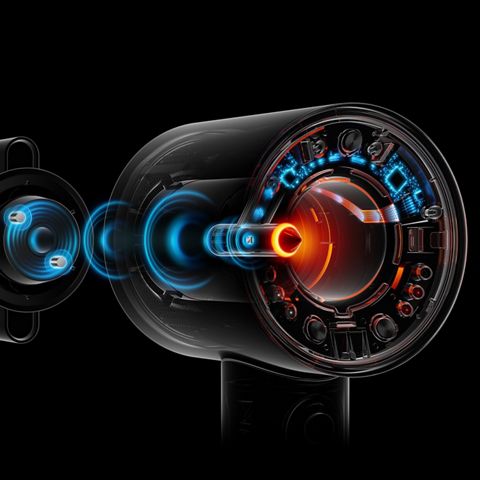 Tværsnitsgrafik, der viser Attachment Learning-teknologien inde i Dyson Supersonic Nural og tilbehøret.