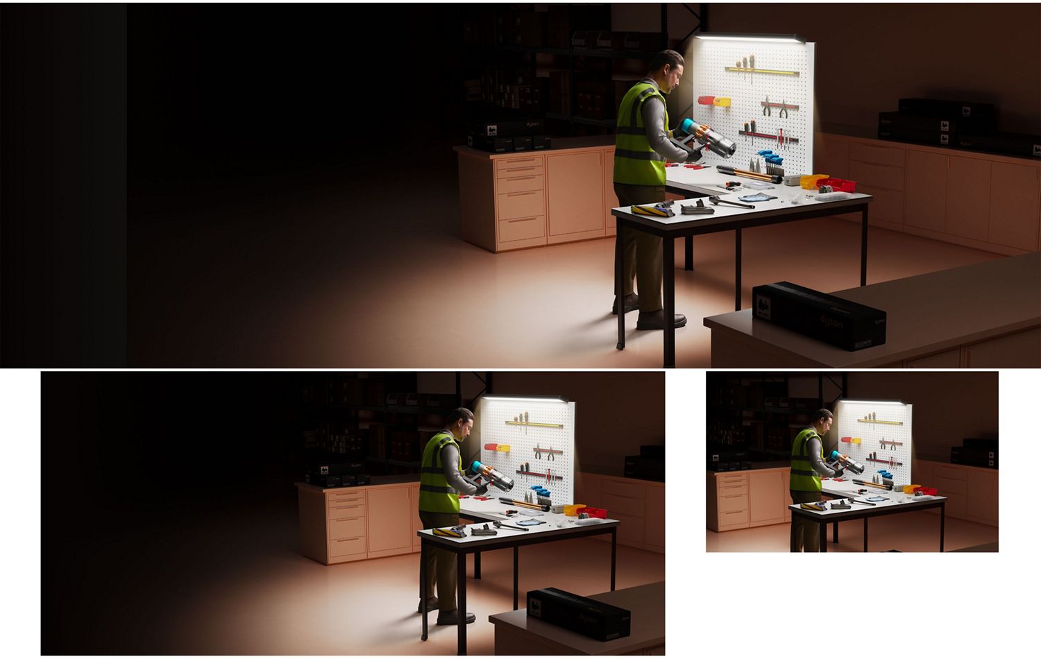 A Dyson operator inspects a Certified Dyson Refurbished vacuum cleaner.