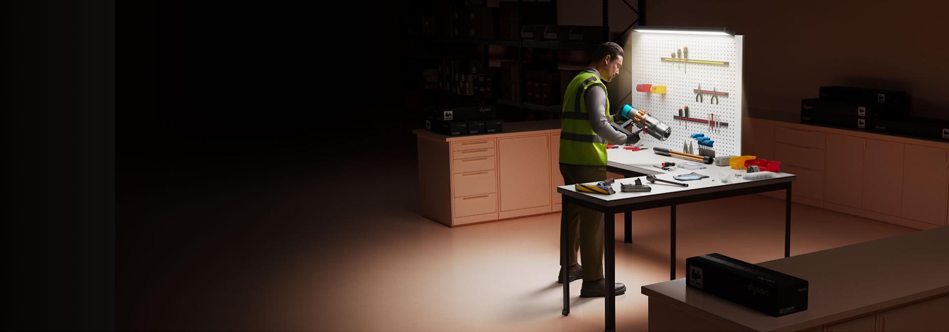 A Dyson operator inspects a Certified Dyson Refurbished vacuum cleaner.