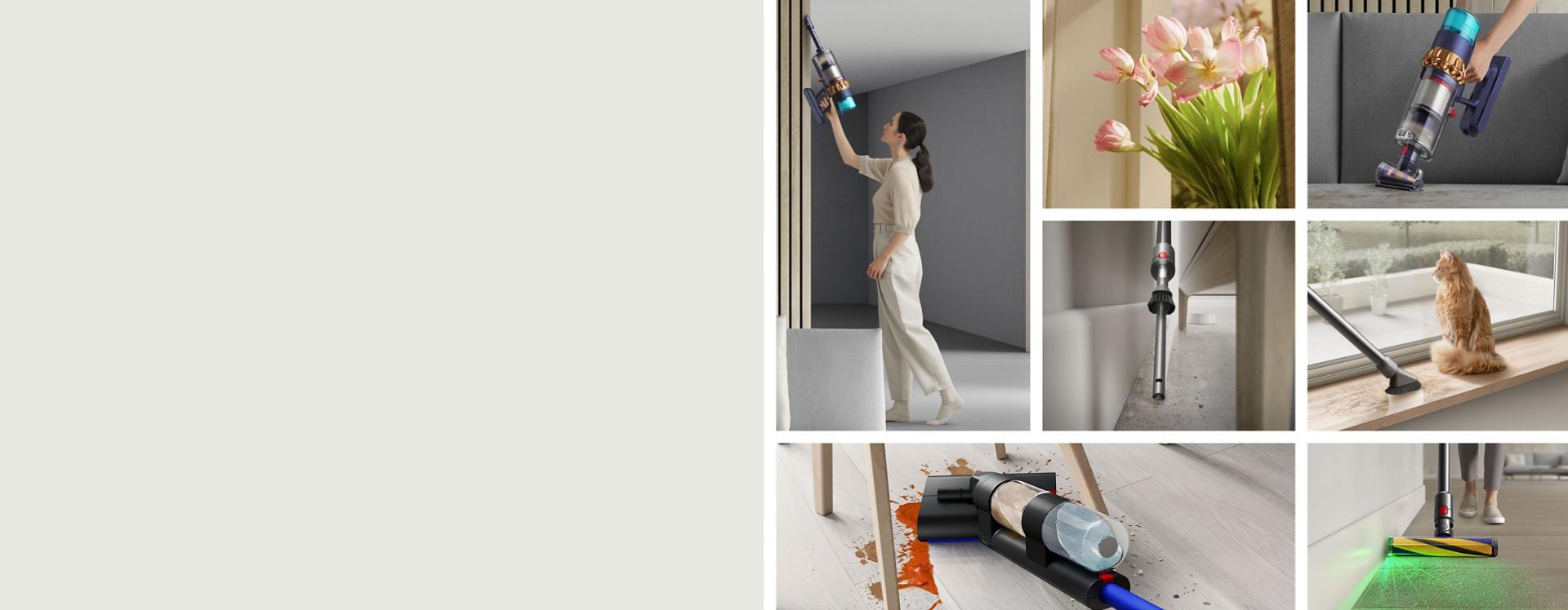 różne odkurzacze bezprzewodowe Dyson sprzątające różne przestrzenie w domu