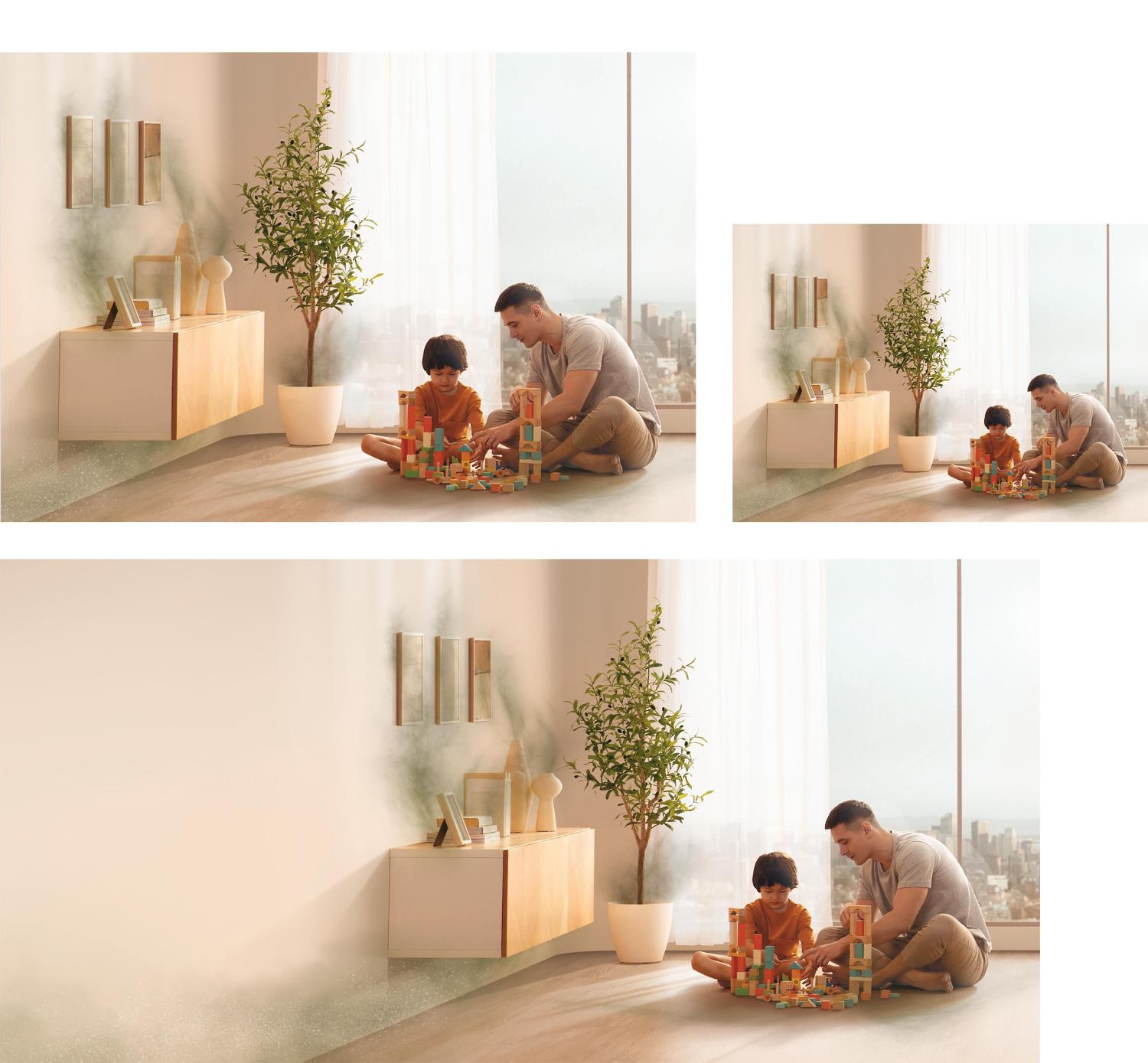 Father and child in a living room, accompanied by airborne particles.
