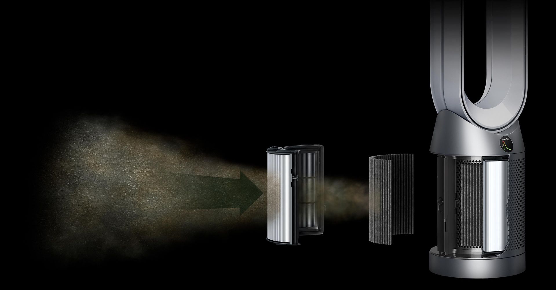 Filter animation showcasing particles entering a Dyson purifier.