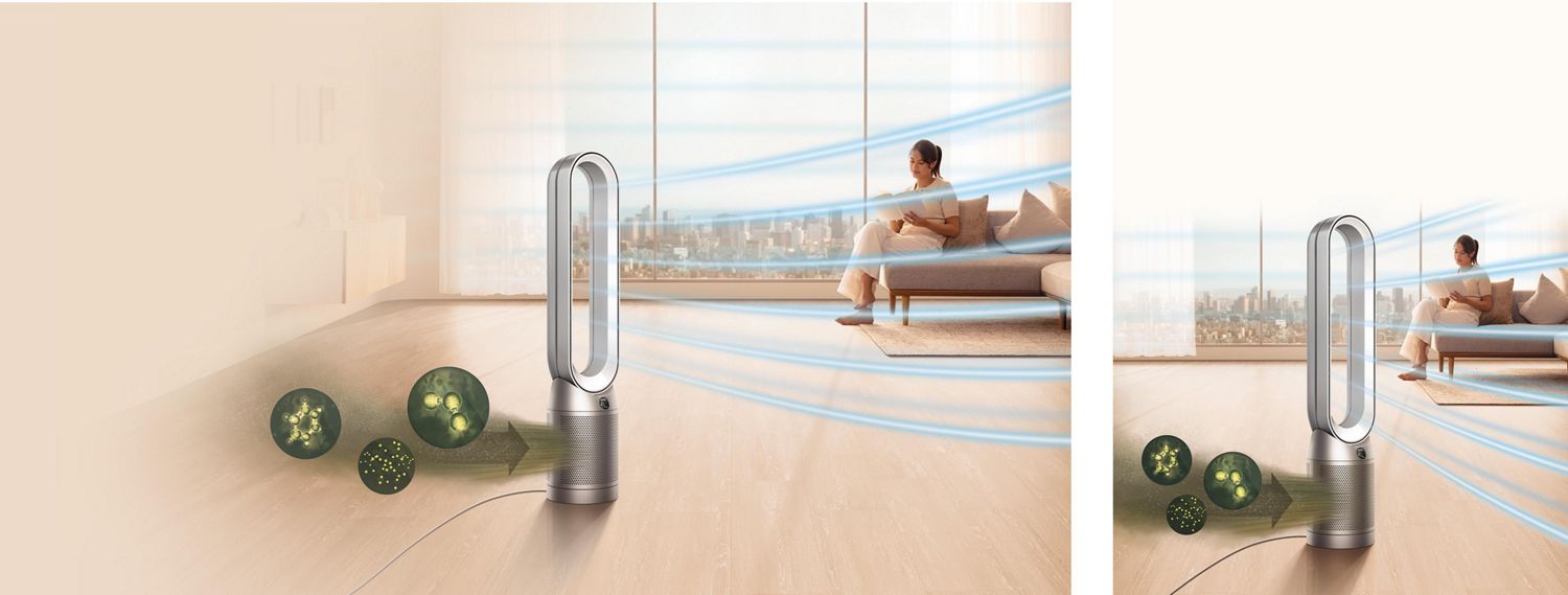 Dyson purifier drawing in airborne particles and expelling a stream of purified air.