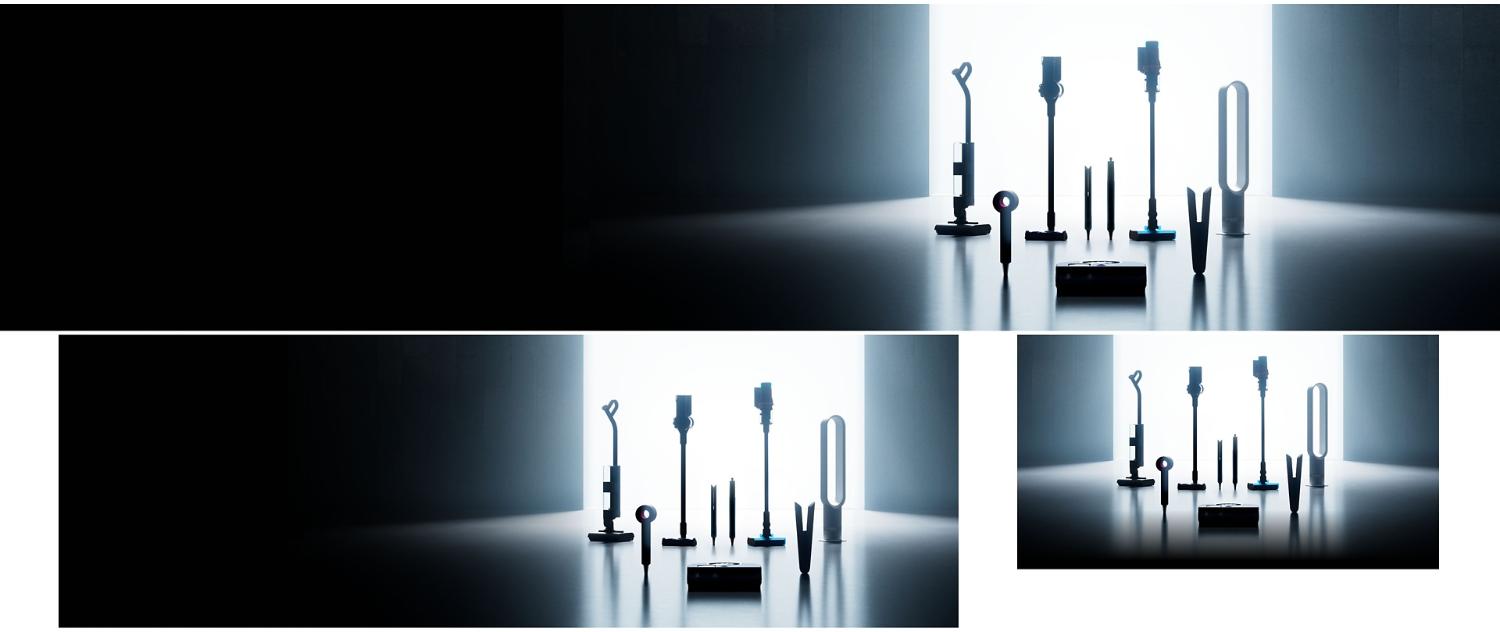 A lineup of sleek Dyson appliances, including vacuums, hair tools, and an air purifier, arranged in a dark room.