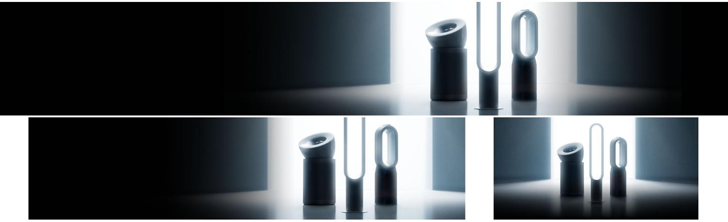 A lineup of sleek Dyson appliances, including vacuums, hair tools, and an air purifier, arranged in a dark room.