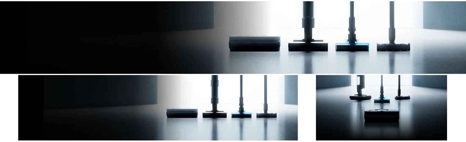 A lineup of sleek Dyson appliances, including vacuums, hair tools, and an air purifier, arranged in a dark room.