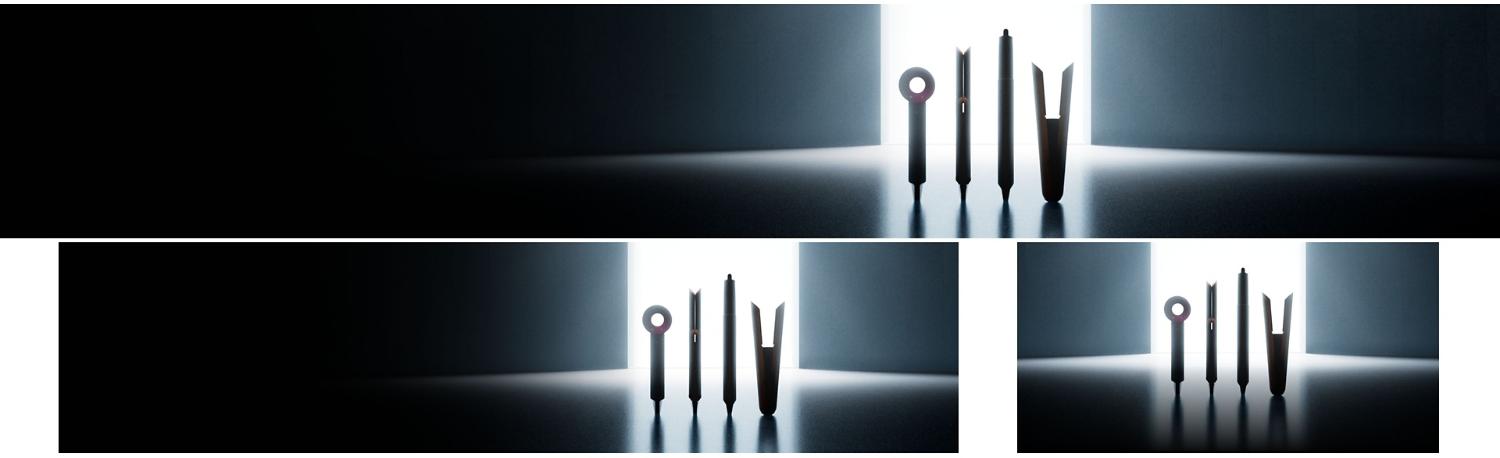A lineup of sleek Dyson appliances, including vacuums, hair tools, and an air purifier, arranged in a dark room.