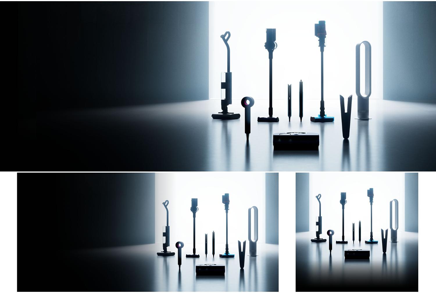 A lineup of sleek Dyson appliances, including vacuums, hair tools, and an air purifier, arranged in a dark room.