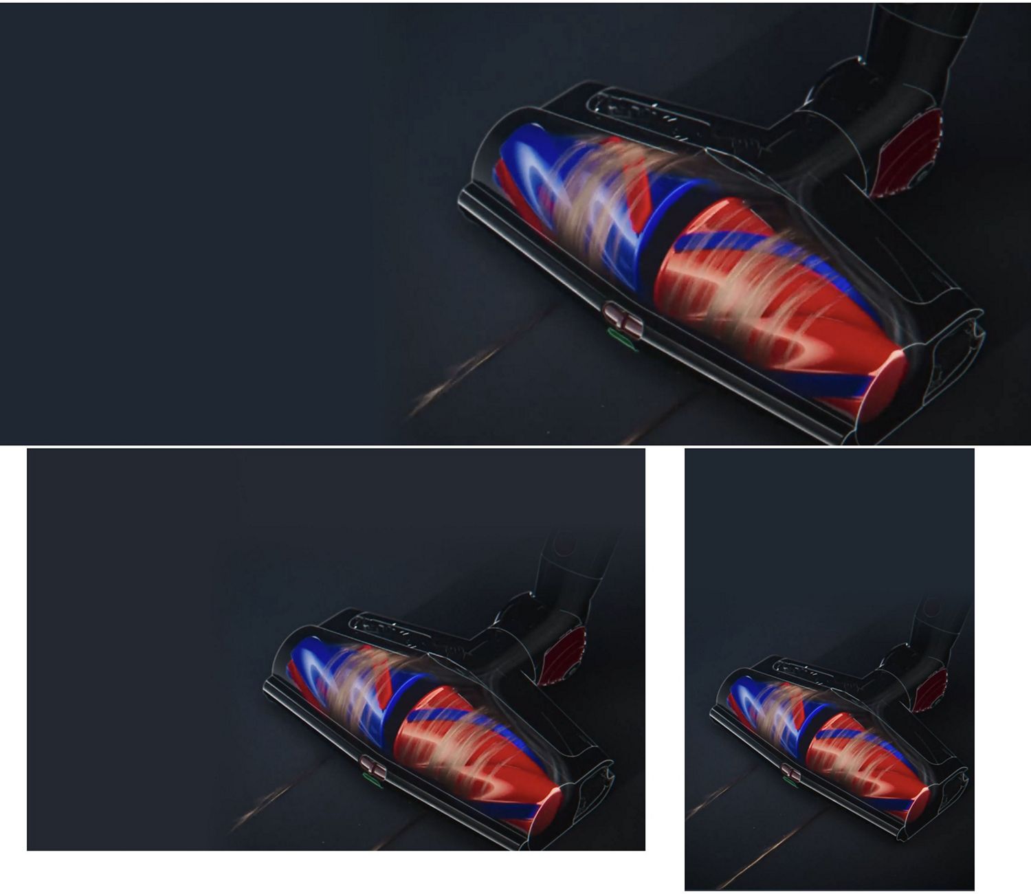 The All Floor Cones Sense cleaner head detangles long hair from a hard floor.