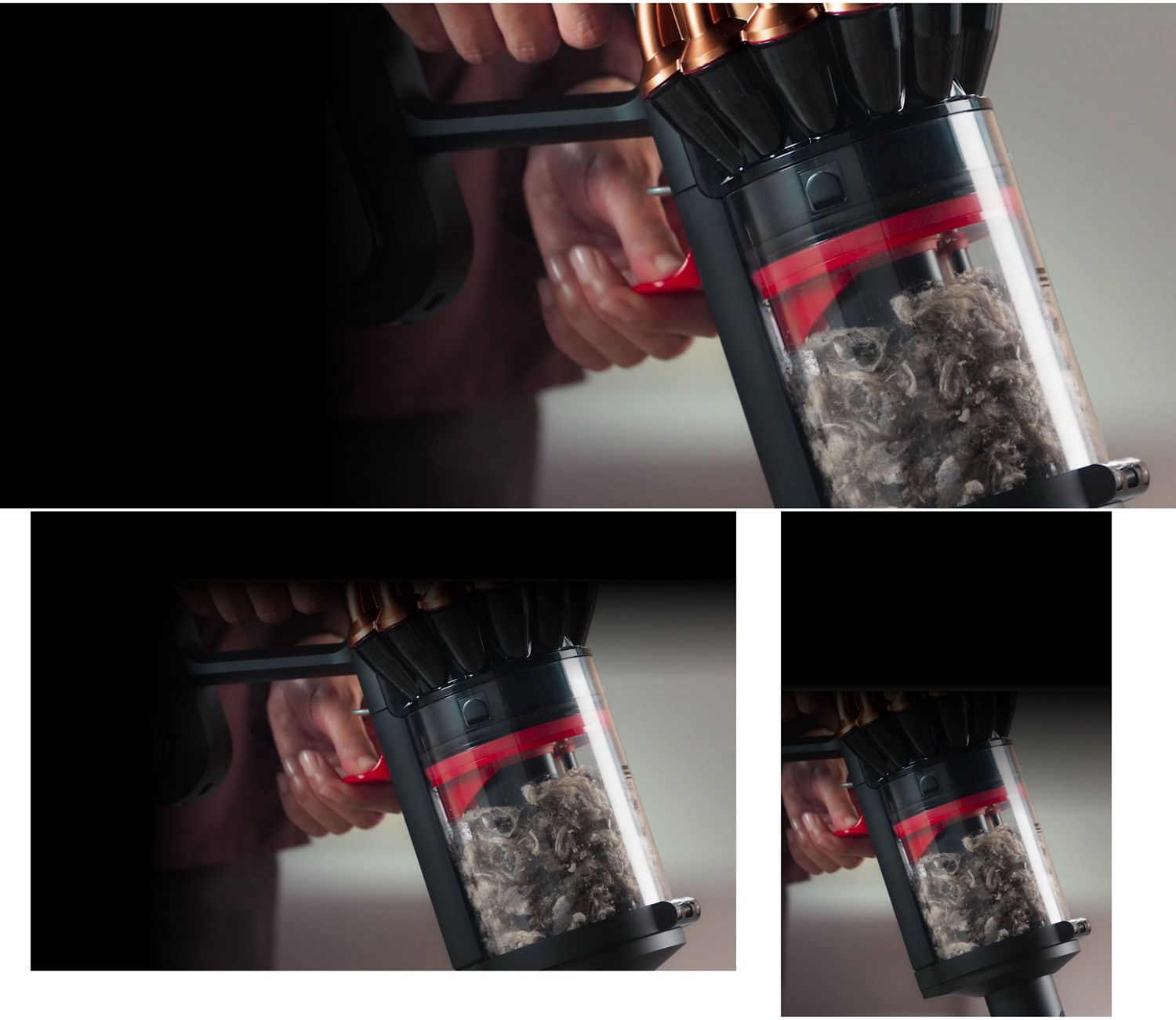 The CleanCompaktor bin on the Dyson V16 Piston Animal vacuum.