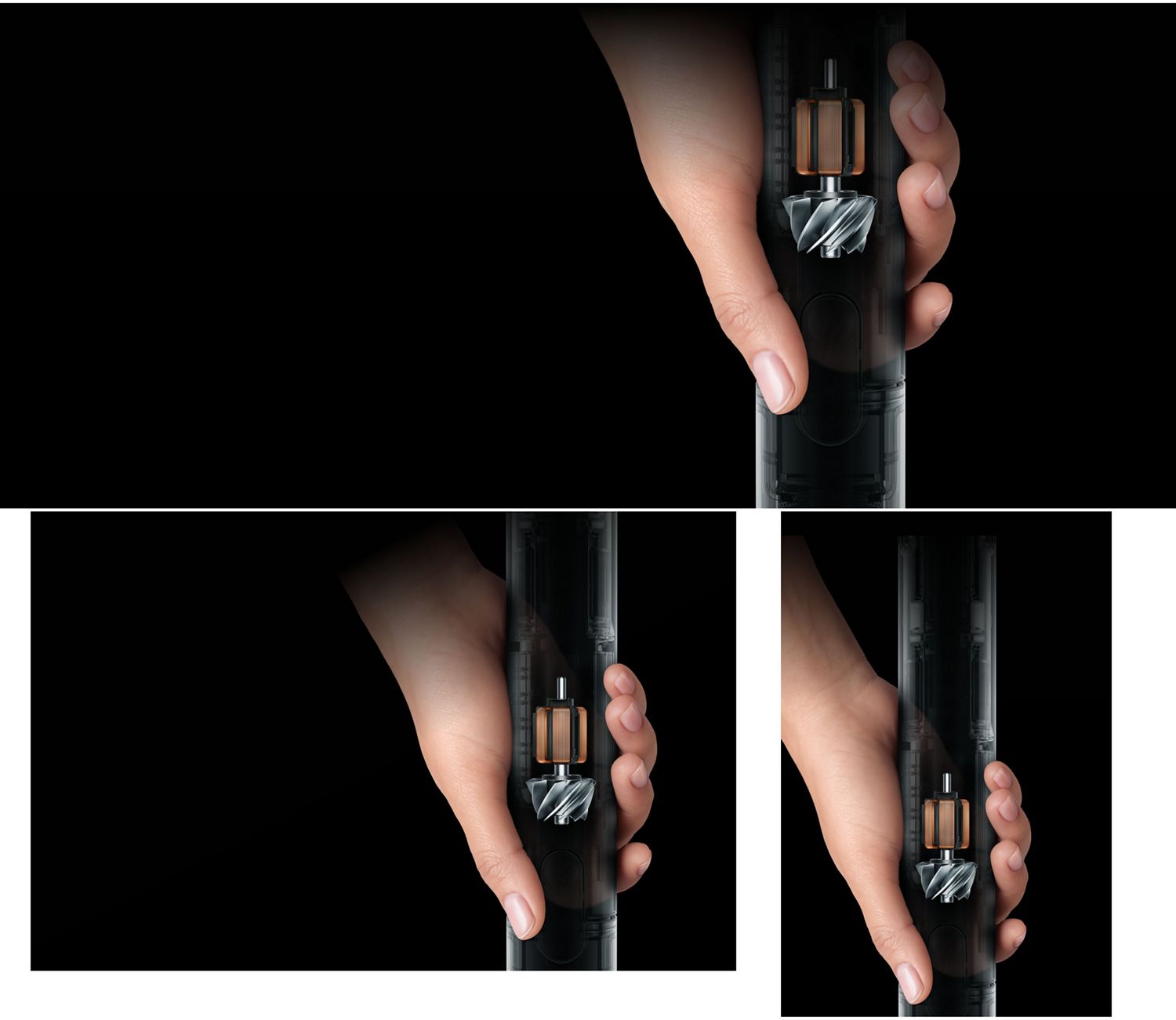 Cutaway showing the powerful Hyperdymium 140k motor inside the Dyson PencilVac vacuum.