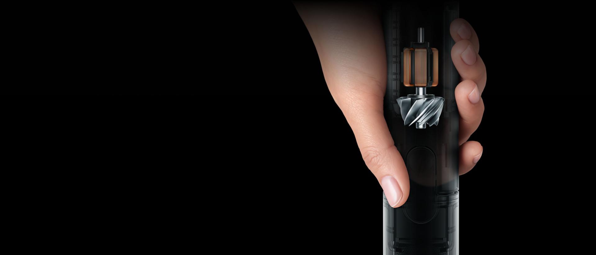 Dyson PencilVac kablosuz süpürgenin içindeki güçlü Hyperdymium 140k motorun kesit görünümü.