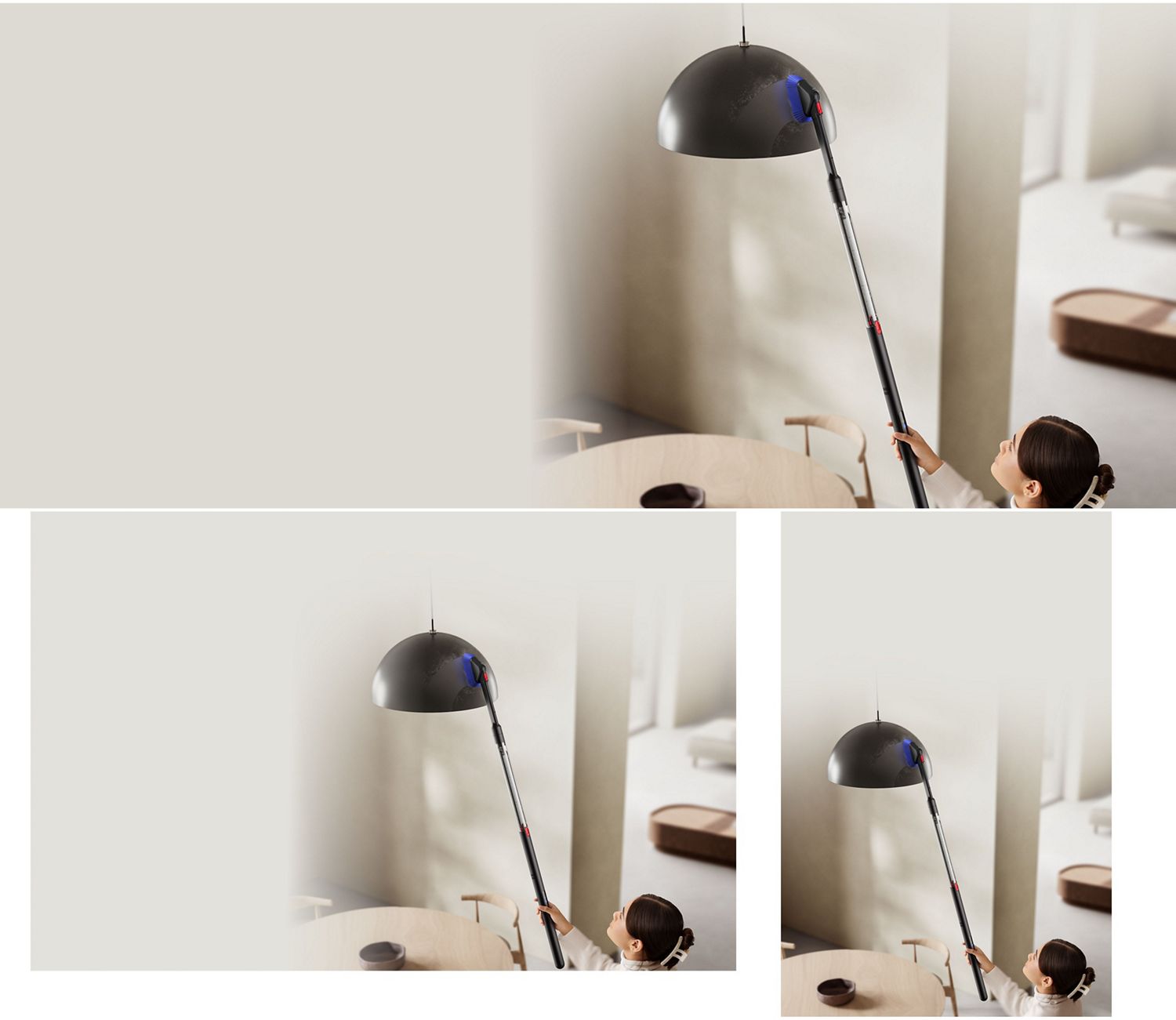 The Dyson PencilVac vacuum is used with the Rotating combi-crevice tool to clean a lampshade.